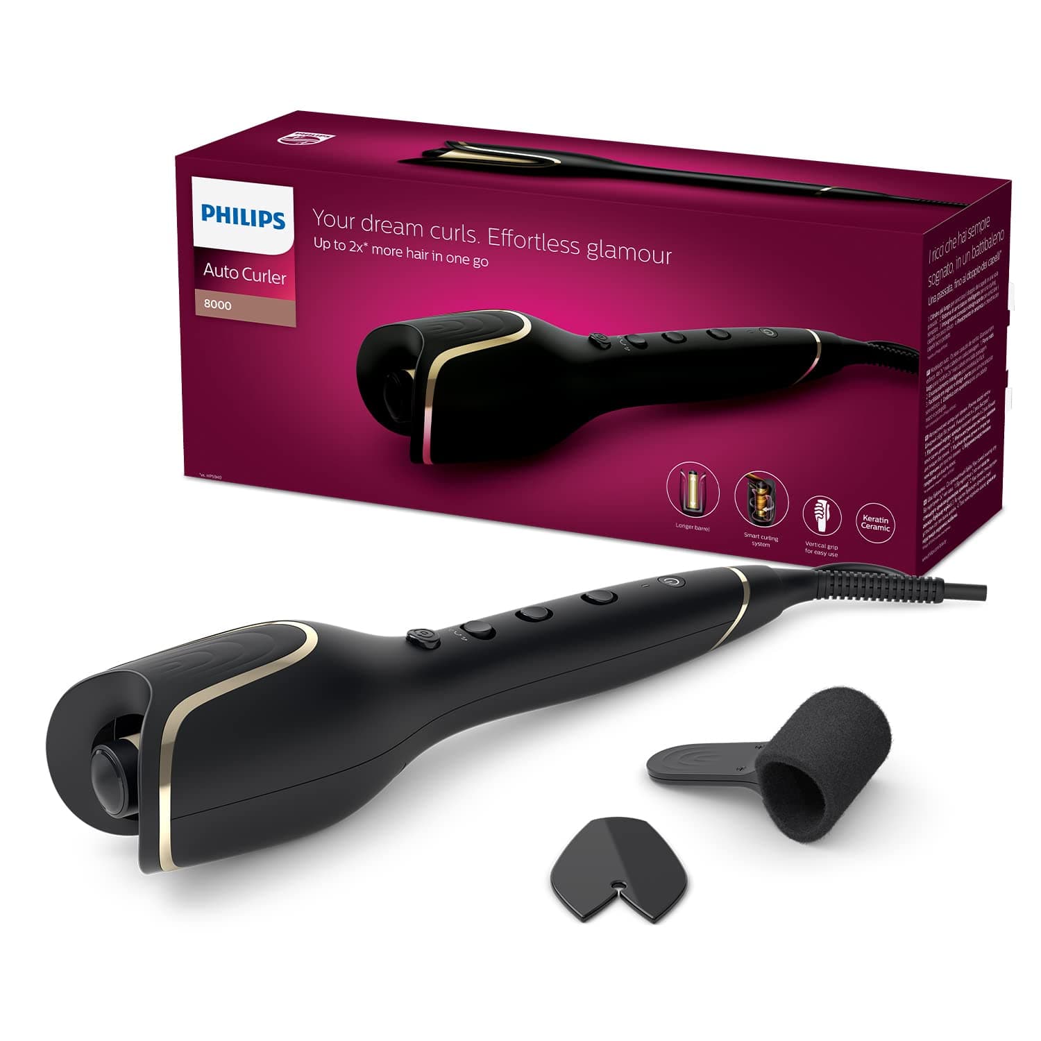 Philips StyleCare Prestige Auto Curler With Smart Curling System, 2x More Hair in One Go, Vertical Grip, Smart Curl Guards – BHB876/00