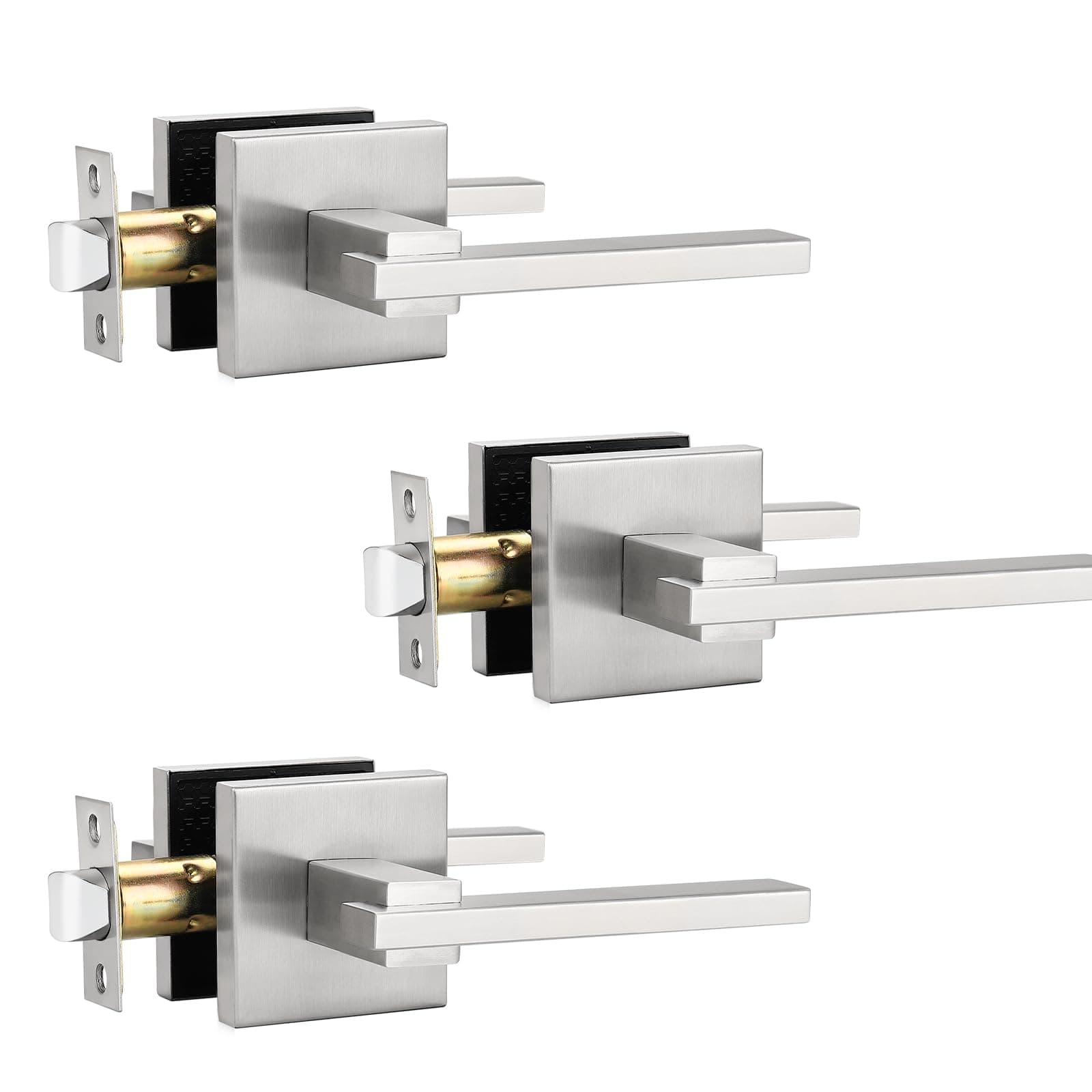 Orger 3 Pack Interior Passage Door Lock Satin Nickel Hallway/Closet Door Lever, Keyless Door Lever Handle with Square Rosette, Modern Nickel Non-Locking Interior Door Lever