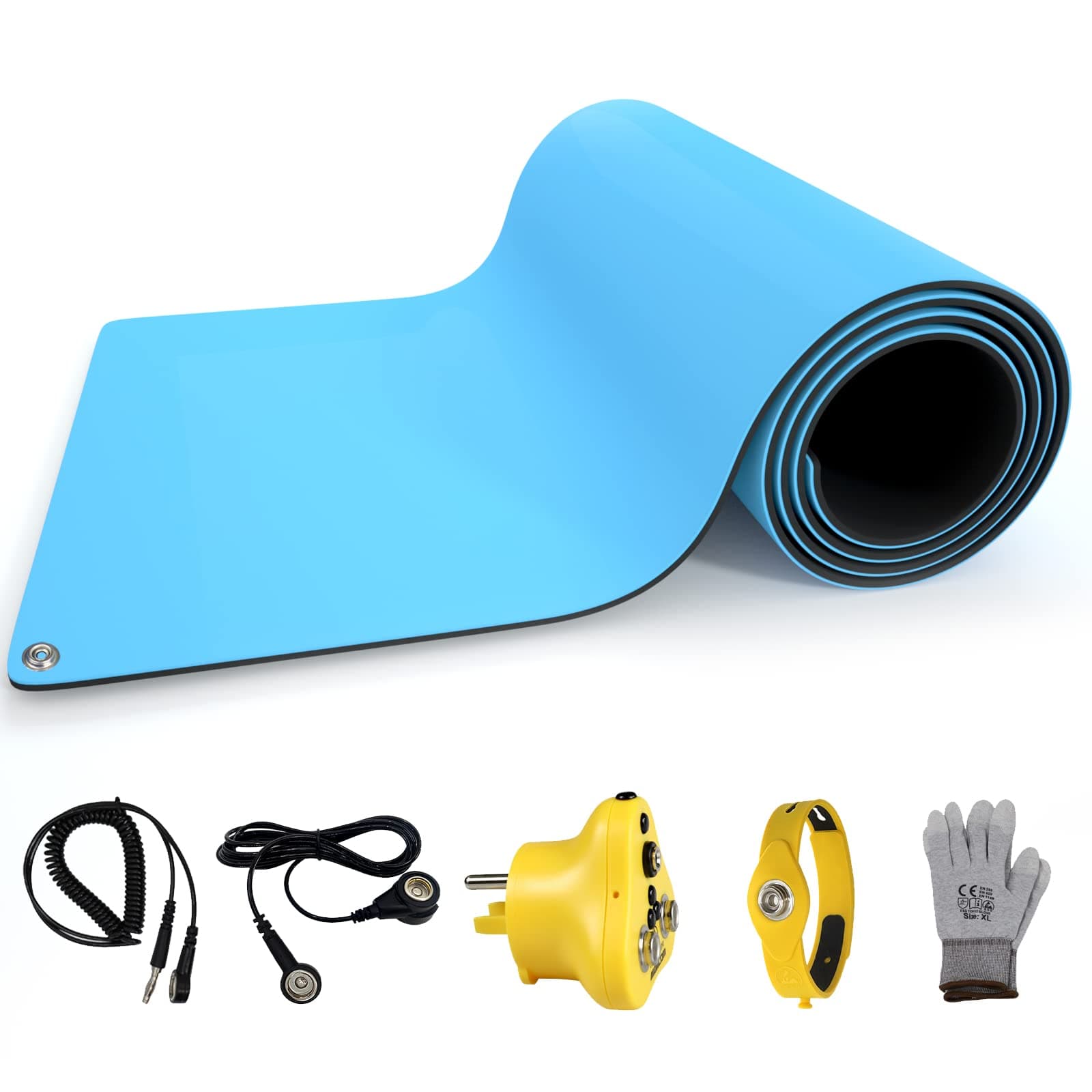 30x12 Inch ESD Rubber Mat, Anti Static Table Floor Pad for PC Building Electronic Device Repair Solder Assembly Work, W/H Grounding Kit- Antistatic Plug Wrist Strap Wristband Cord Gloves,Blue