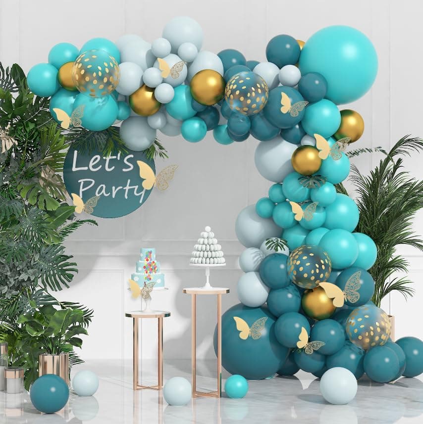 Ouddy Life 156pcs Teal Balloons Garland Arch Kit, Dark Teal Diffan Blue Turquoise Metallic Gold Balloon with Gold Butterfly Stickers for Birthday Baby Bridal Shower Wedding Party Backdrop