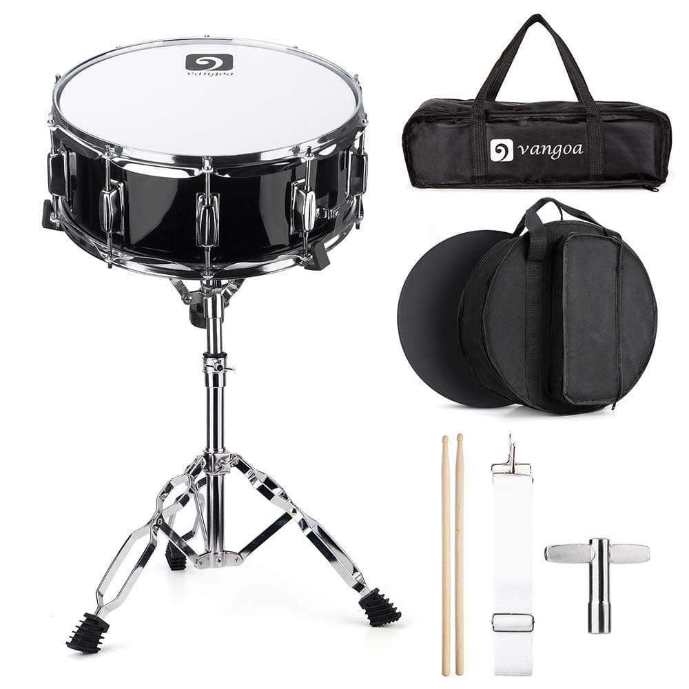 Vangoa Snare Drum Set for Kids Students Beginners Kit, 14 Inch, 10 Lugs, Wooden Shell with Case, Gig Bag, Practice Pad, Drum Stand, Sticks, Tuning Key, Strap, Mute Pad, Black