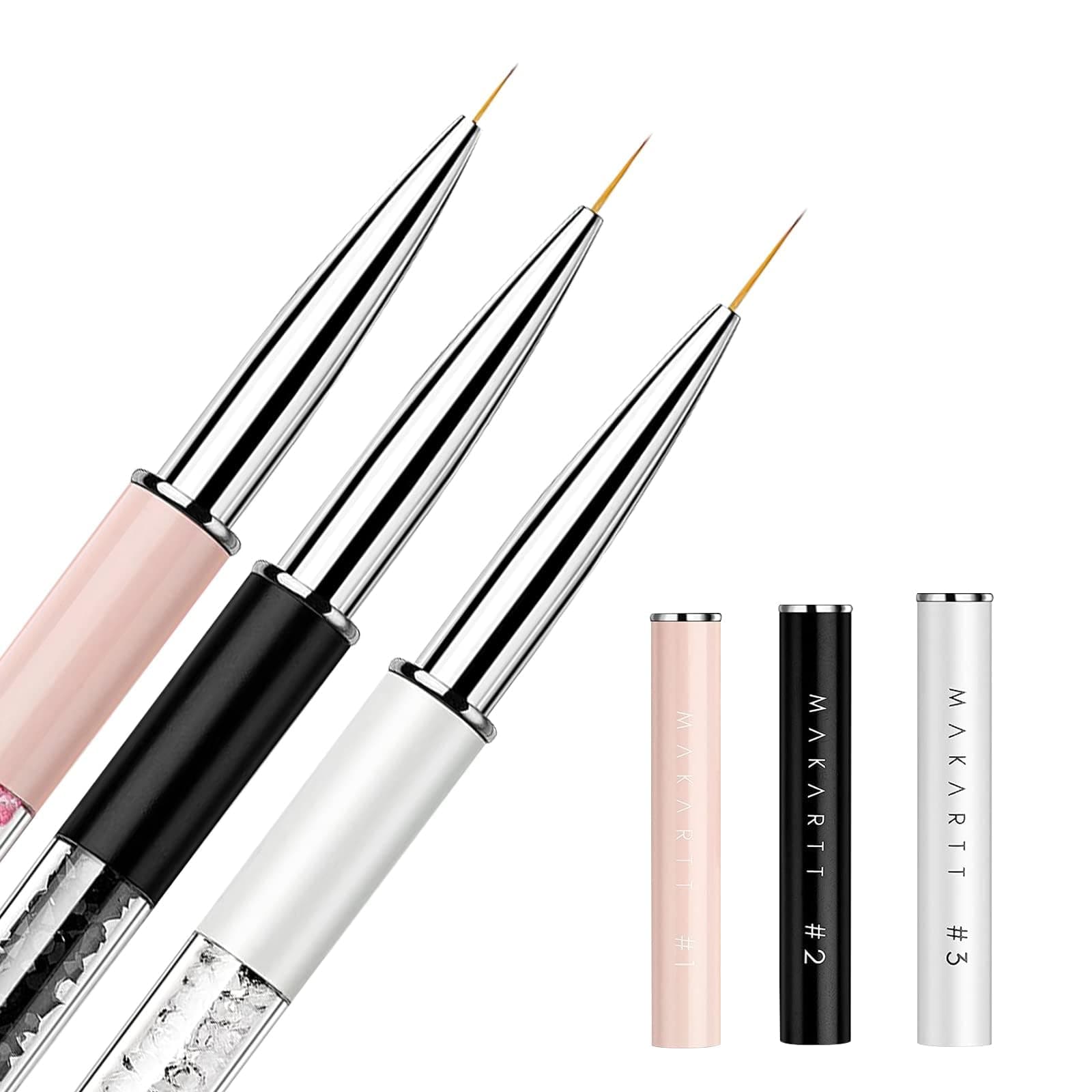 MakarttNail Art Brushes: 7/9/11mm Thin Liner Brush Set with Shiny Diamond Handle & Caps, 3Pcs Gel Nail Painting Brush Nail Drawing Brushes for Nail Painting 3d Gel Nail Art French Tips Home DIY Use