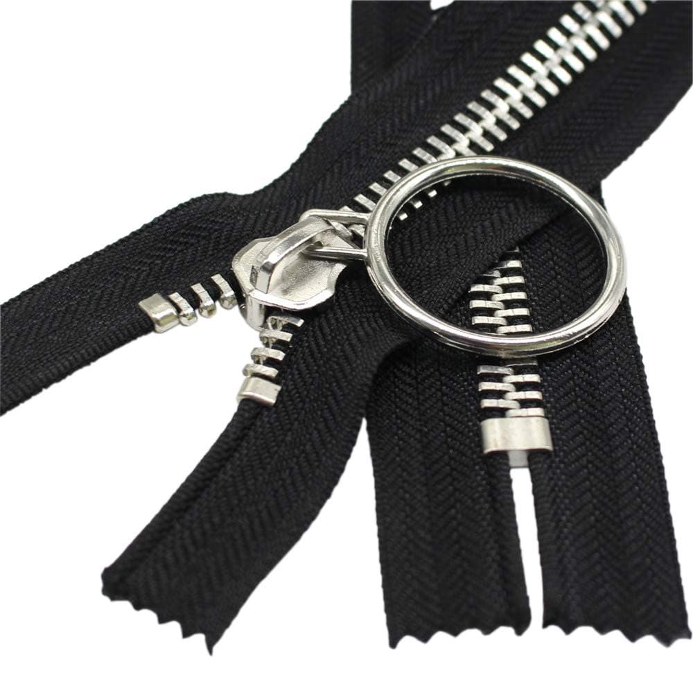 Meillia #10 40CM Large Shiny Nickel Metal Zippers Closed-end Black Heavy Duty Metal Zipper with Big Ring Pulls for Sewing, Bags, Handbags, Crafts, Decorating (Silver)