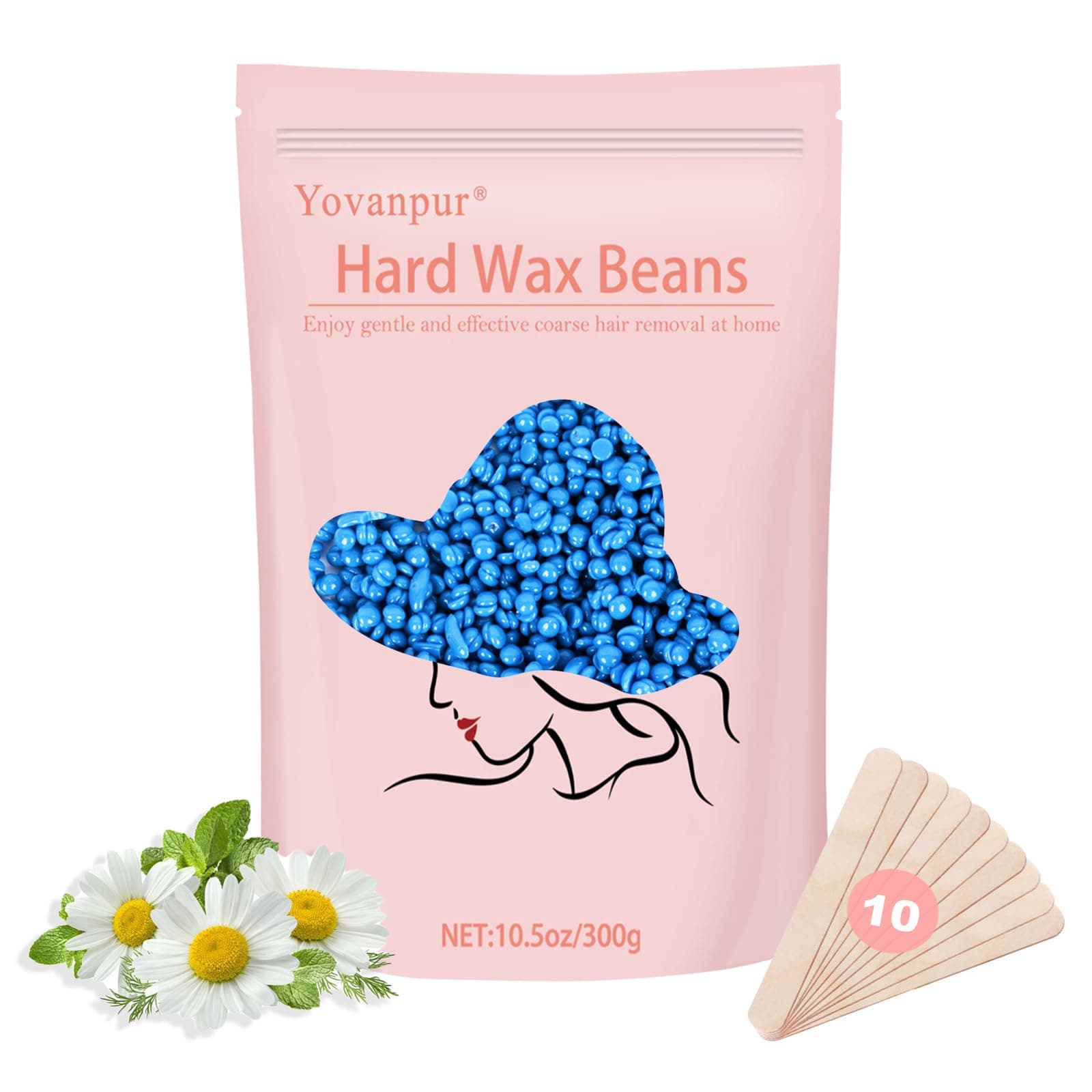 Hard Wax Beans for Painless Hair Removal, Brazilian Waxing for Face, Eyebrow, Back, Chest, Bikini Areas, Legs At Home 300g (10 Ounce (Pack of 1))/bag with 20pcs Wax Spatulas(Chamomile)