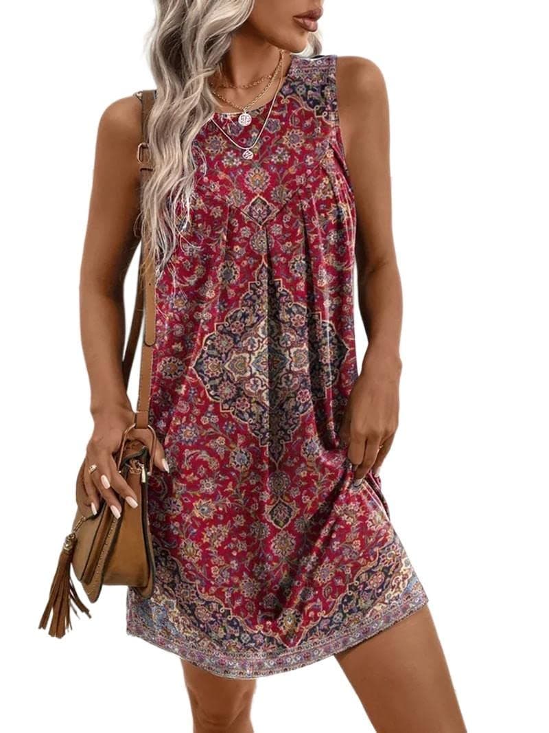 Akivide Women's Boho Floral Print Sundresses Summer Beach Casual Loose Sleeveless Mini Tank Dress Plus Size