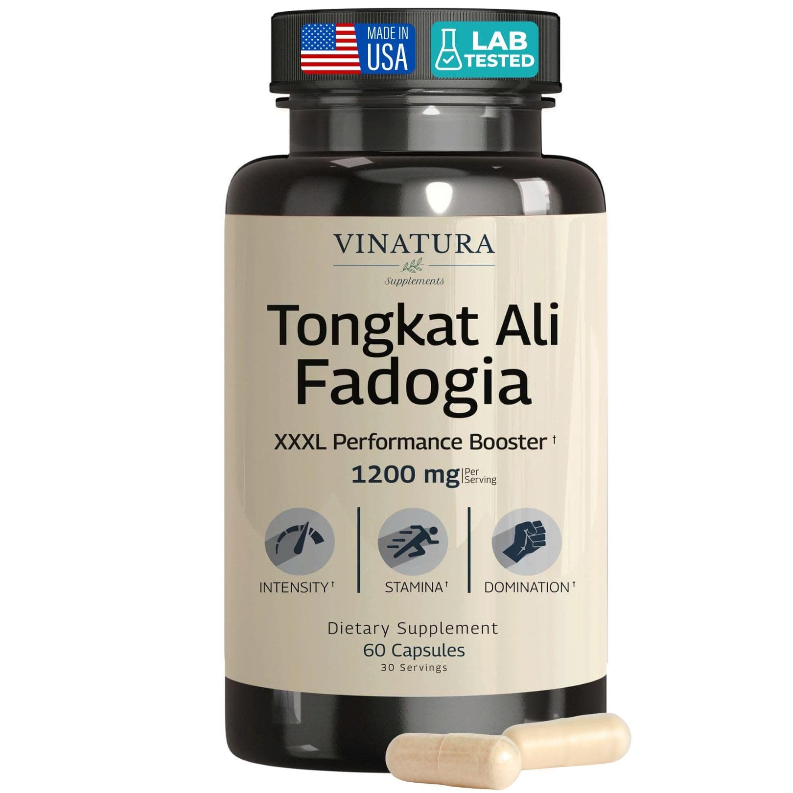 Tongkat Ali Fadogia Agrestis - 1200mg, Enhanced with Nitric Oxide Booster Supplement, Longjack Tongkat Ali for Men, *USA Made and Tested*, 60 Capsules