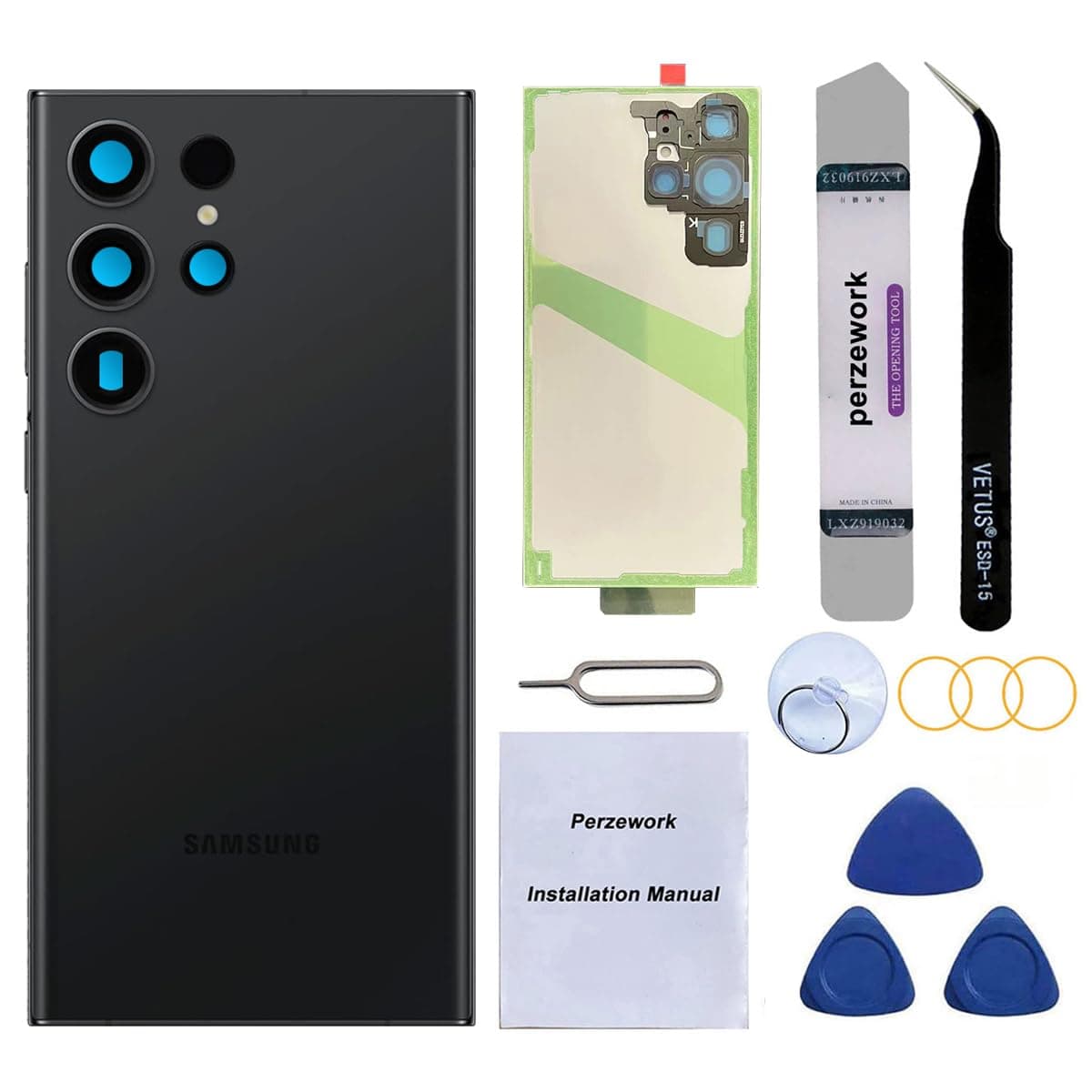 Rear Back Glass Replacement Compatible with Samsung Galaxy S23 Ultra 6.8-inches with Reparing Tool Kit (Phantom Black)