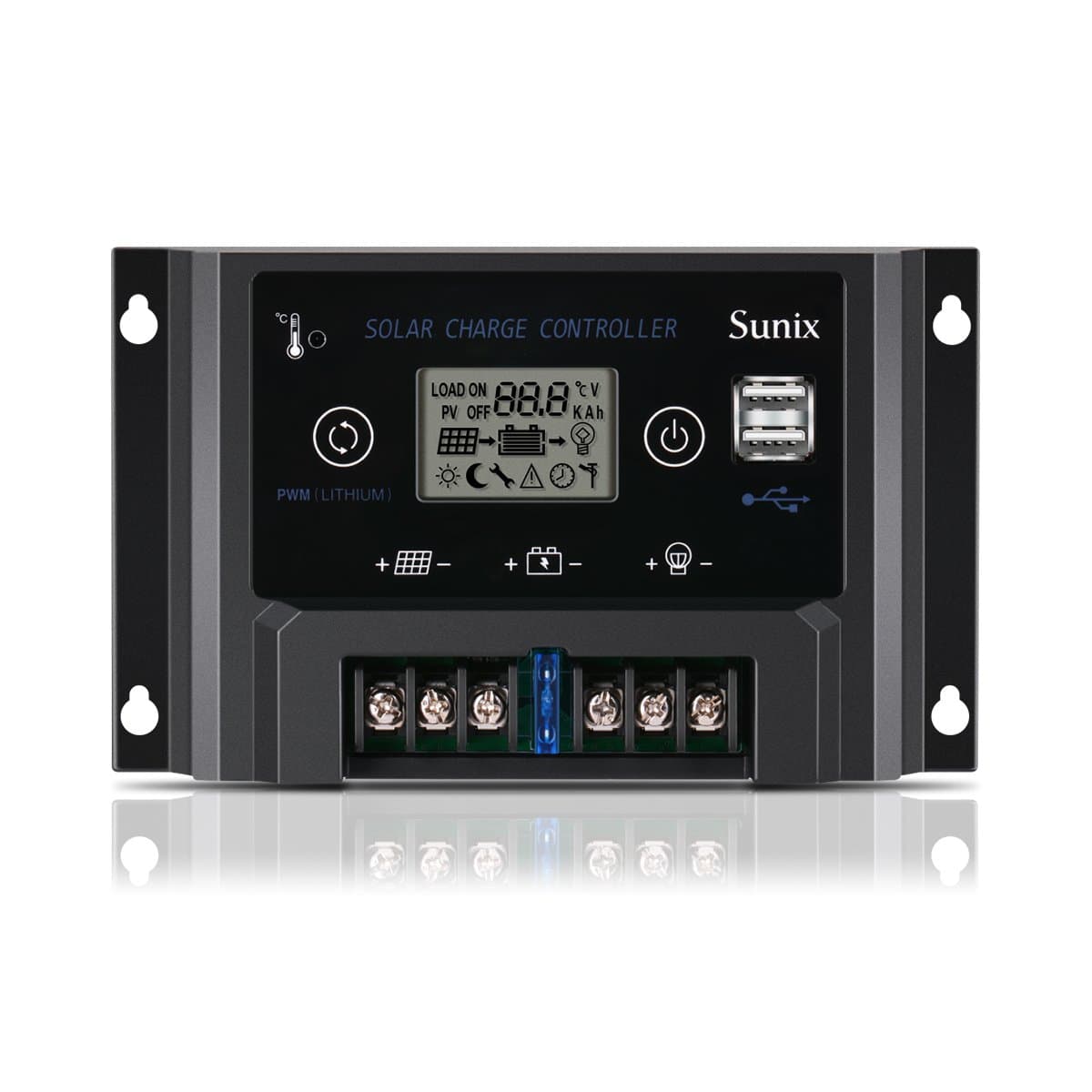 Sunix 10A 12V/24V Solar Charge Controller, Upgraded Solar Panel Charge Intelligent Regulator with Fuse, Dual 5V 2A USB Port, Overload Protection Temperature Compensation