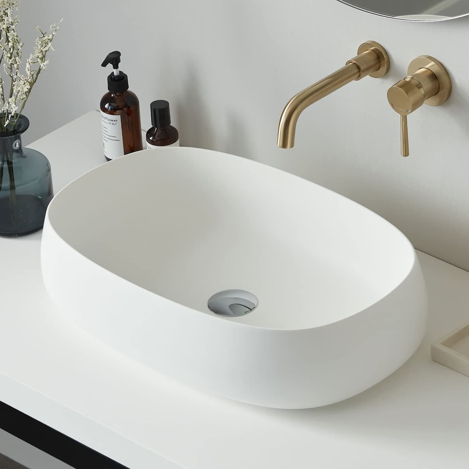 - Cpingao Bathroom Vessel Sink, 23" x 15" Oval Shape Countertop Bathroom Artistic Stone Resin Vessel Bowl Basin with Pop-up Drain, Matte White 2266