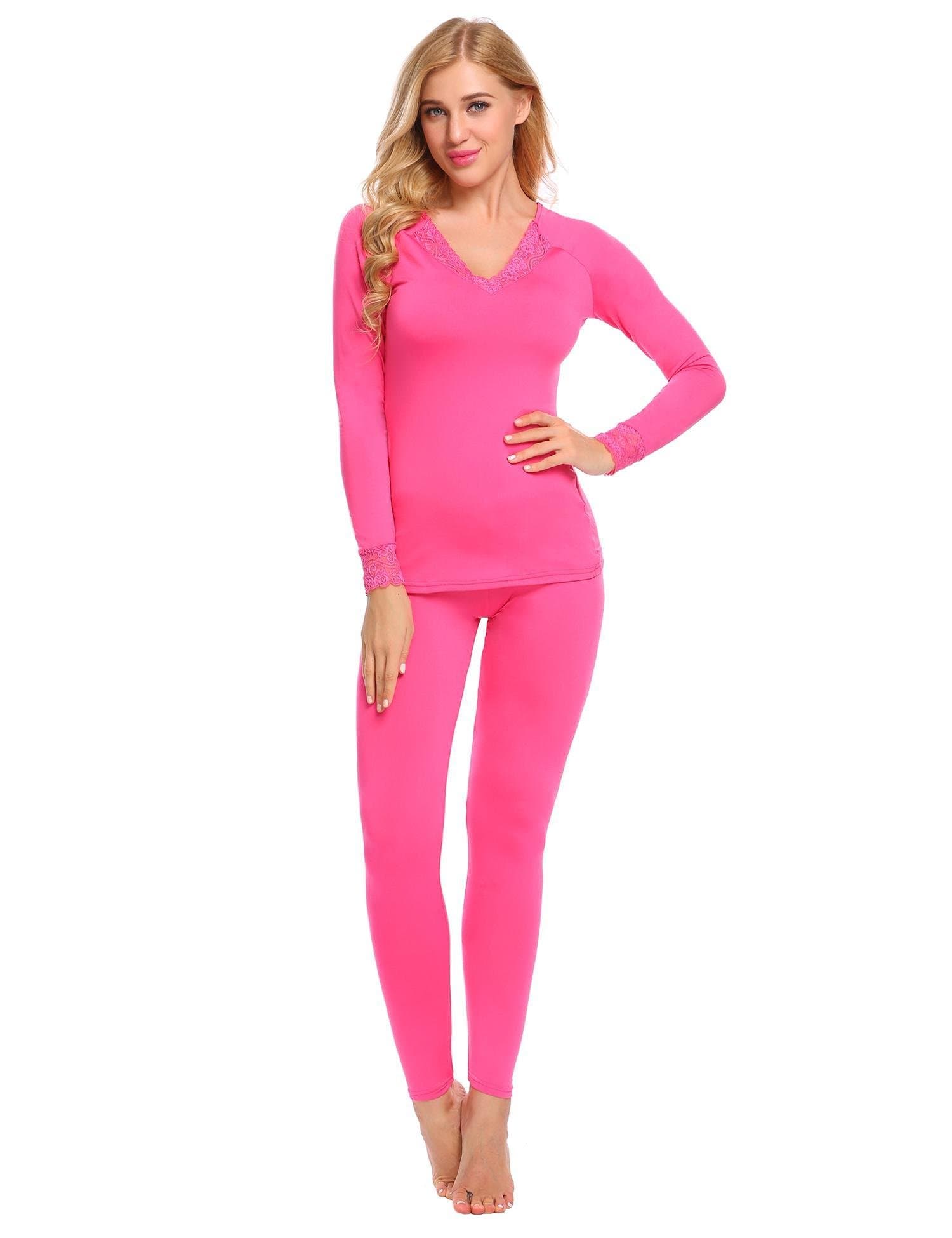 Hufcor Women Lace Trimmed Thermal Underwear Sets 2 Pieces Solid Long-Sleeved Pants Suit