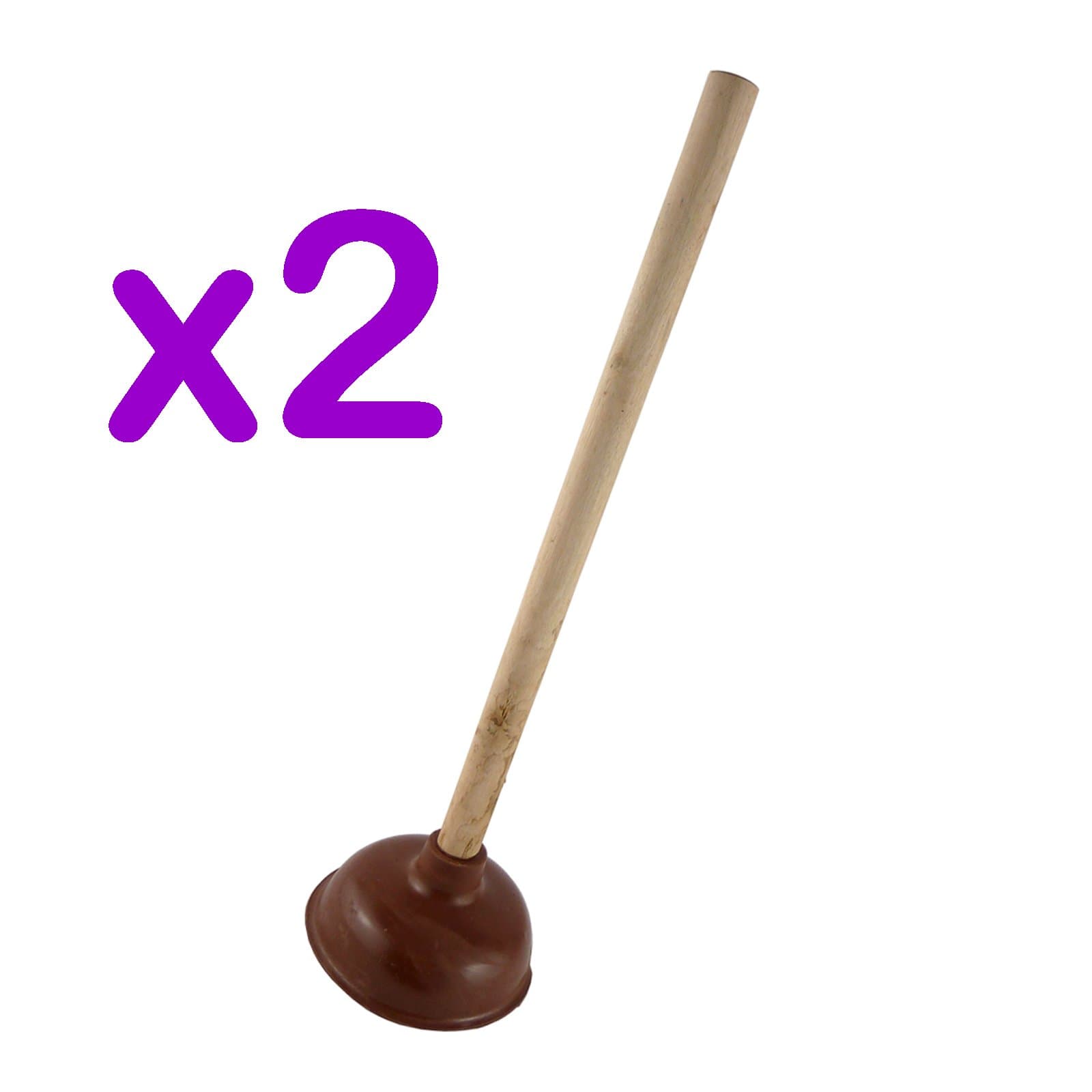2Pc Large Wooden Plunger With Long Handle & Strong Thick Rubber Plug (PACK OF 2)