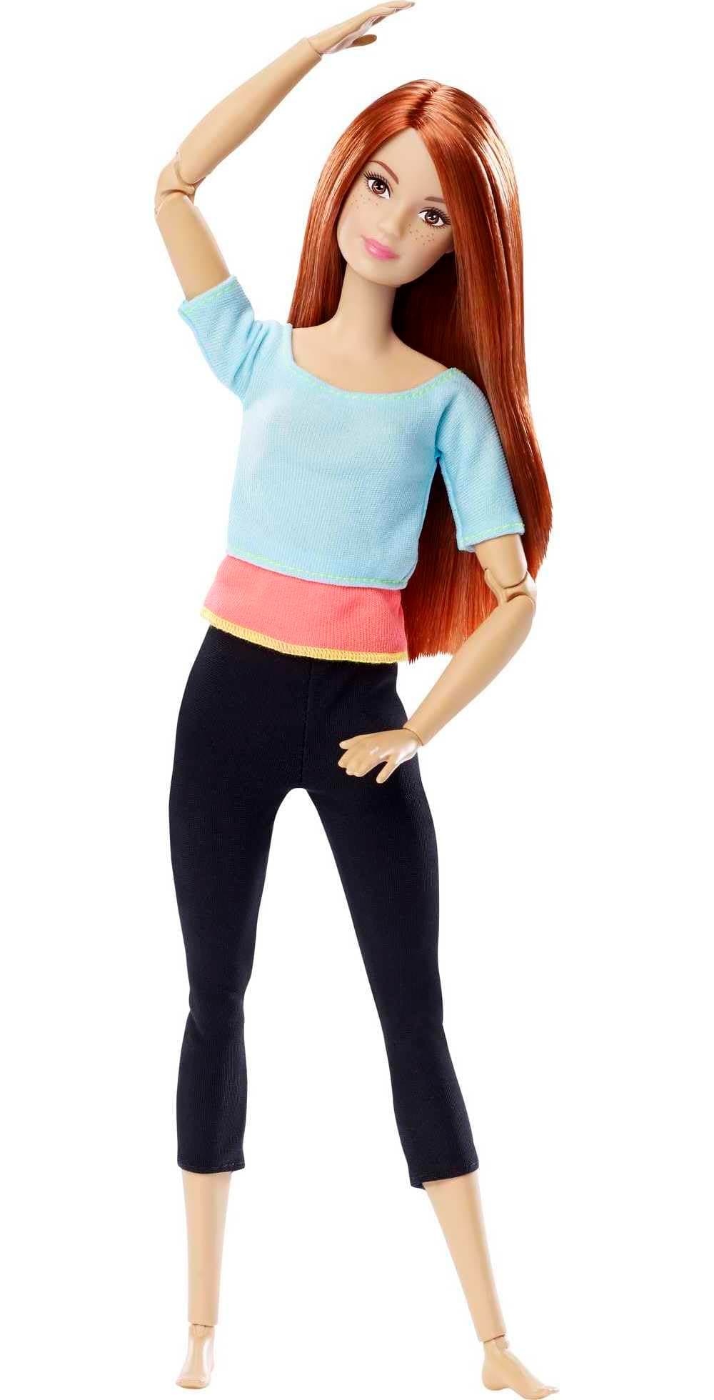 Barbie Made to Move Posable Doll with Red Hair Wearing Pastel Blue Color-Blocked Top & Yoga Leggings, Flexible with 22 Posable "Joints"