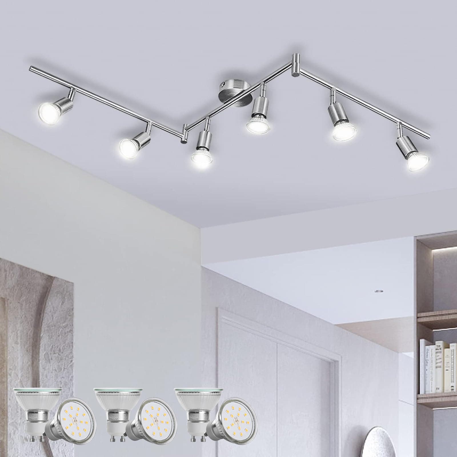 Bojim LED Ceiling Lights, 6 Way Spot Lights Rotatable, Ceiling Lighting for Living Room Kitchen Bedroom Hallway, LED Lamp GU10 6W 550LM, Modern 4000K Natural White, Matte Nickel, Bulbs Included