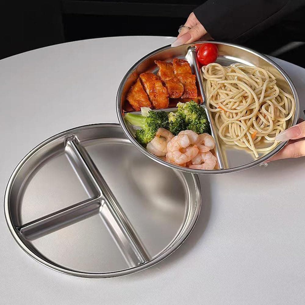 RUIBOLU Portion Control Plates Stainless Steel For Adults Weight Loss/Diabetic Diet/Divided Plate Unbreakable Round Metal Dish Plates/Kitchen Camping Picnic/ 9 Inch (2)