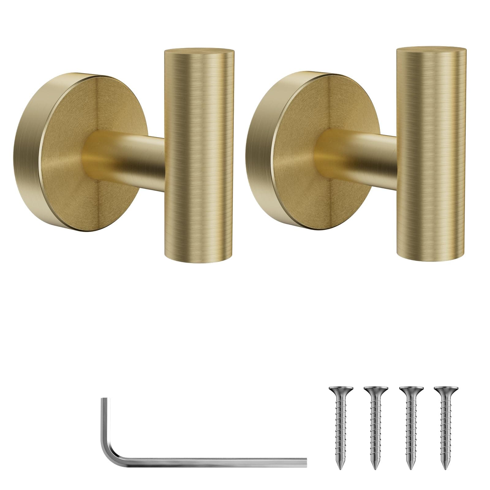 YUET 2 Pcs Bathroom Towel Hook,Screw in Metal Coat Hooks, Heavy Duty 10kg Capacity, Brushed Brass Robe Hook SUS 304 Stainless Steel Door Hanger Towel Robe Clothes Closet Sponges Holder