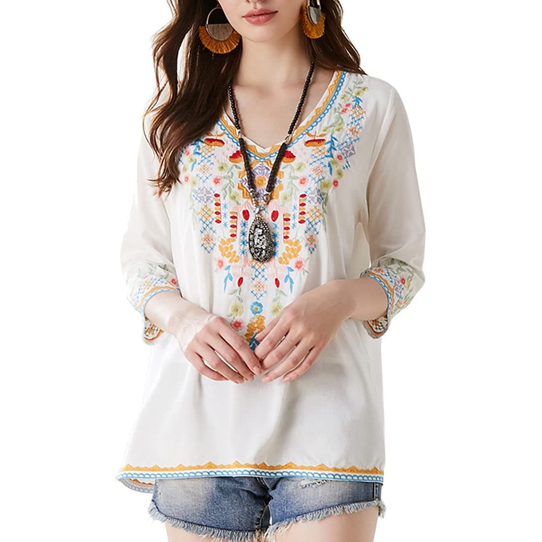 AKWomen's Embroidered Tops 3/4 Sleeve Traditional Mexican Shirts for Women V Neck Peasant Tunic Blouses