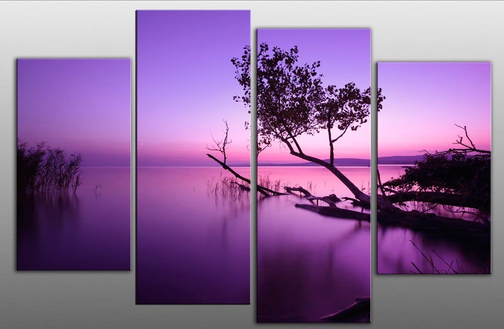 Large Purple Toned Sunset Lake Canvas Picture Artwork 4 pieces multi panel split canvas ready to hang, hanging template included for easy hanging, UK company 40” width 27" height by Canvas Interiors