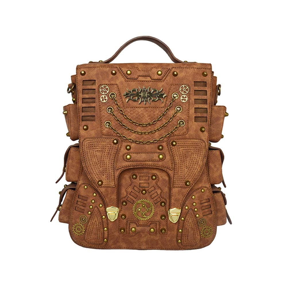 Steampunk Backpack Women Men Leather Vintage Retro Rock Fashion Gothic Bags, Brown