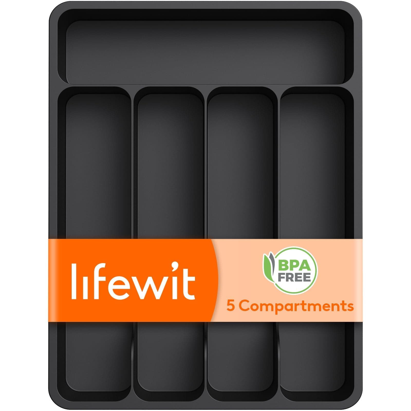 - Lifewit Silverware Drawer Organizer Tray, Plastic Cutlery Storage for Kitchen, Flatware and Utensil Holder Divider for Spoons Forks Knives Tableware, 9.1 x 12.6", 5 Slots, Black