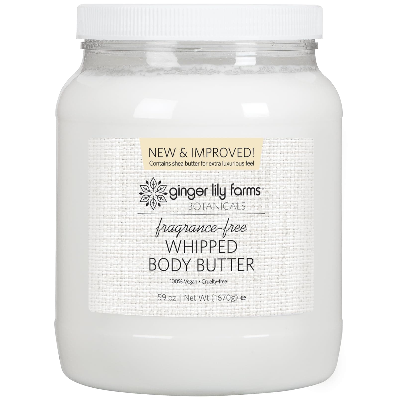 Ginger Lily Farms Botanicals Whipped Body Butter for Dry Skin, Ultra-Hydrating, 100% Vegan & Cruelty-Free, Fragrance-Free, 59 Ounces