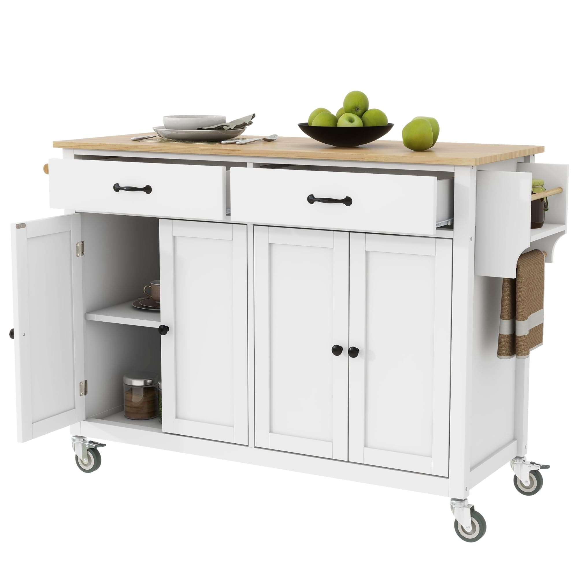 LUMISOL Kitchen Island on Wheels with 2 Drawers, Rolling Kitchen Cart with Solid Wood Top, Large Portable Trolley Island with 2 Cabinets for Dining Room Living Room, White