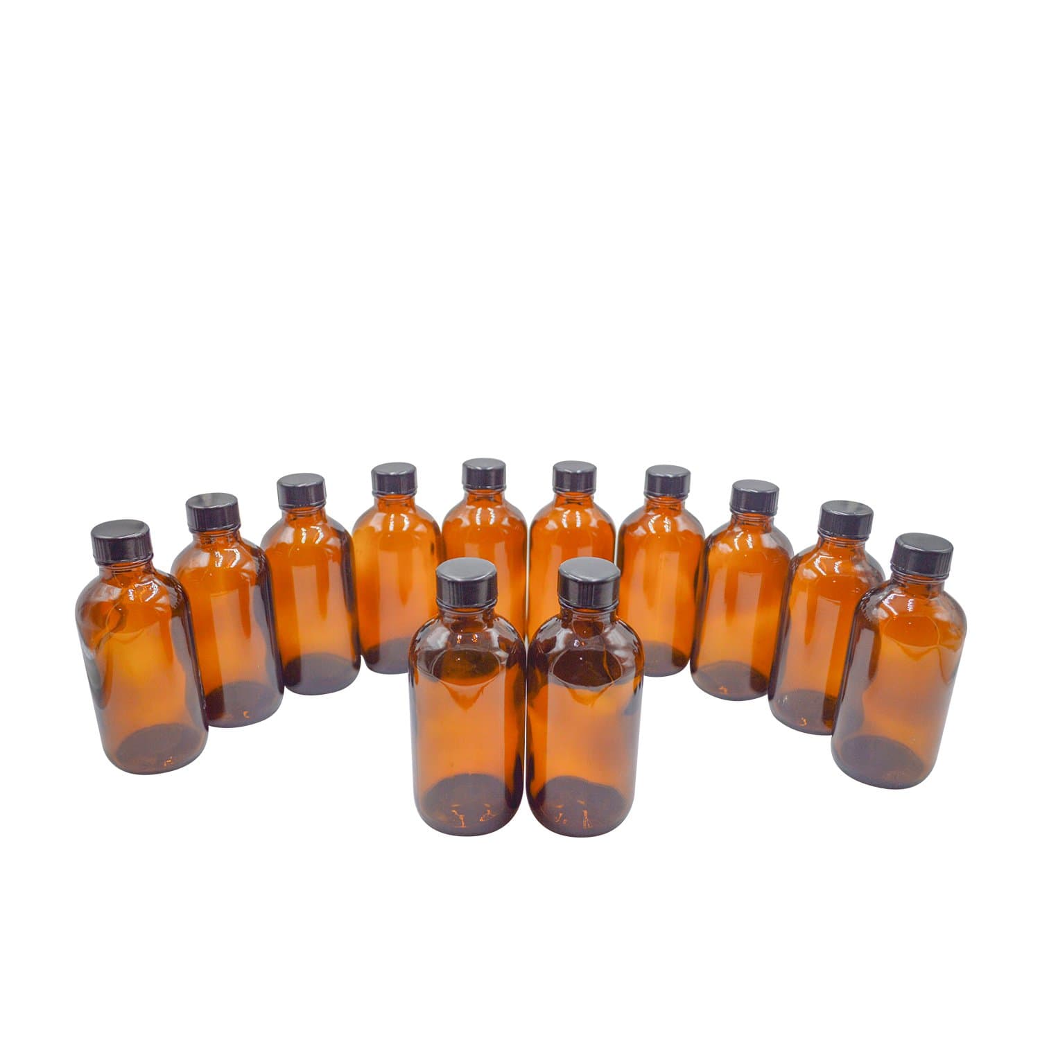 U-Pack 4 oz 120ml Amber Glass Boston Round Bottles with Black Ribbed Cap - 12 Pack