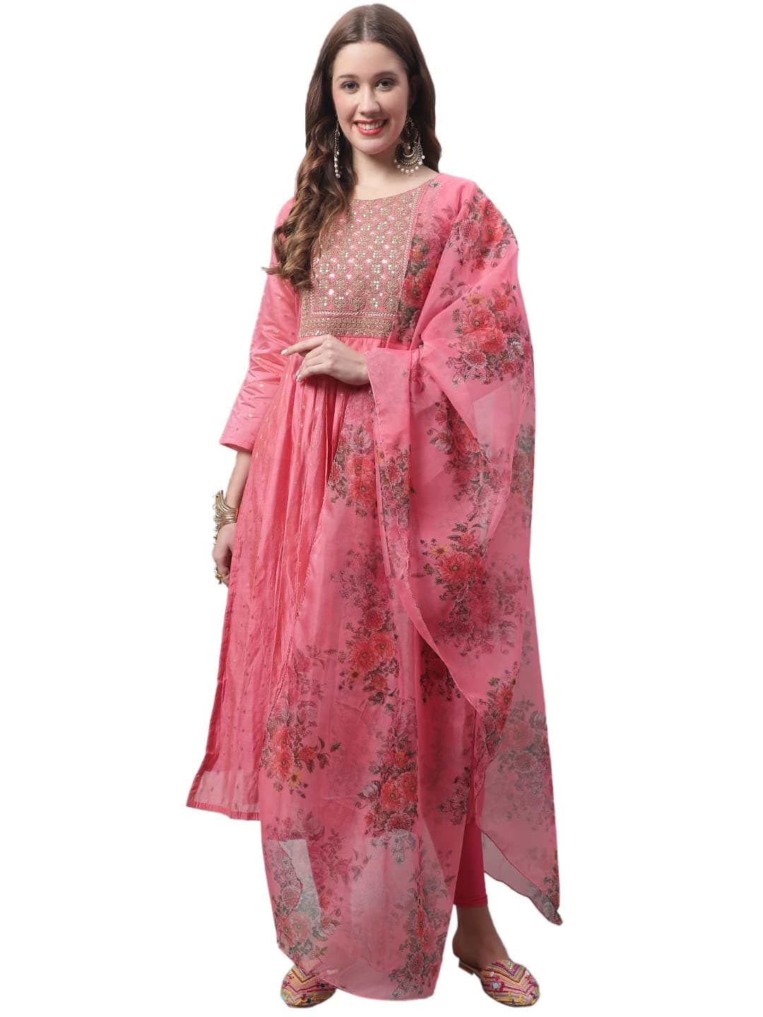 VredeVogel Women's Chanderi Modal Butti Straight Kurta With Stretchable Leggings & Organza Dupatta Set