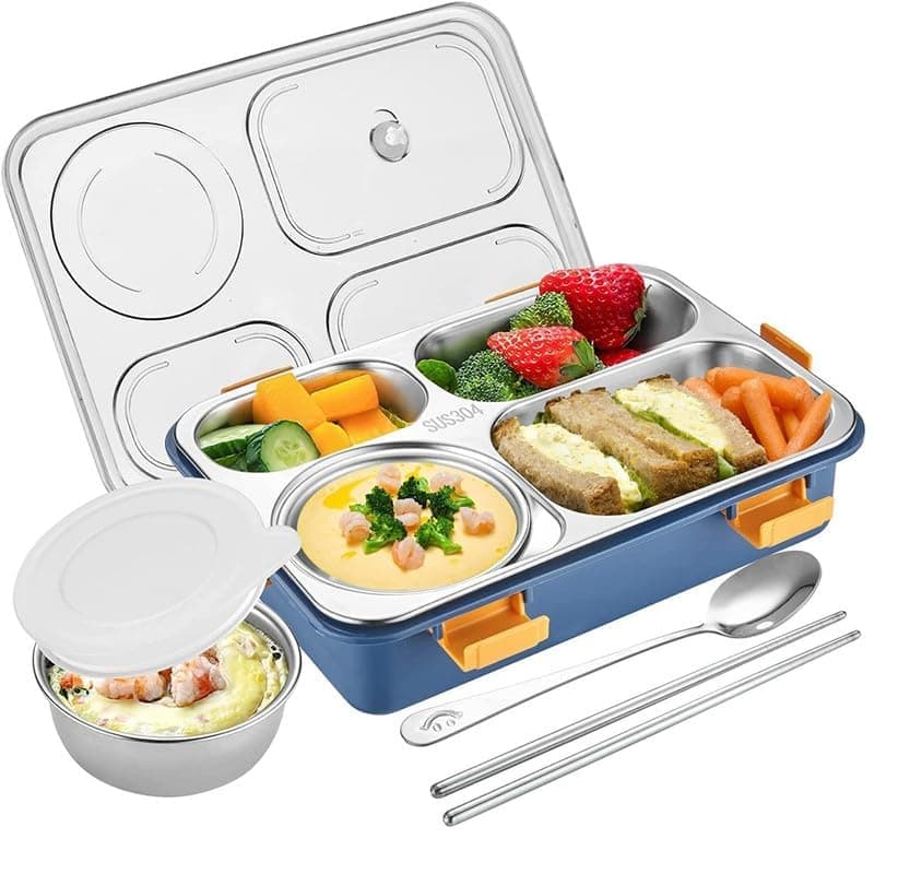 4 Compartment Stainless Steel Lunch Box with Spoon and Chopsticks, BPA-Free Bento Box for Adults and Kids, Perfect for On-The-Go Meal, Office, School, Colleges (4 Compartment)