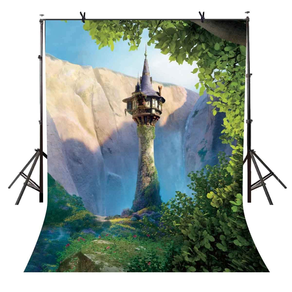 5(W) x7(H) FT Cartoon Princess Tower Backdrop Fairytale Story Rapunzel Photography Background Baby Shower Children Kids Birthday Party Events Cake Table Decoration Photoshot Props