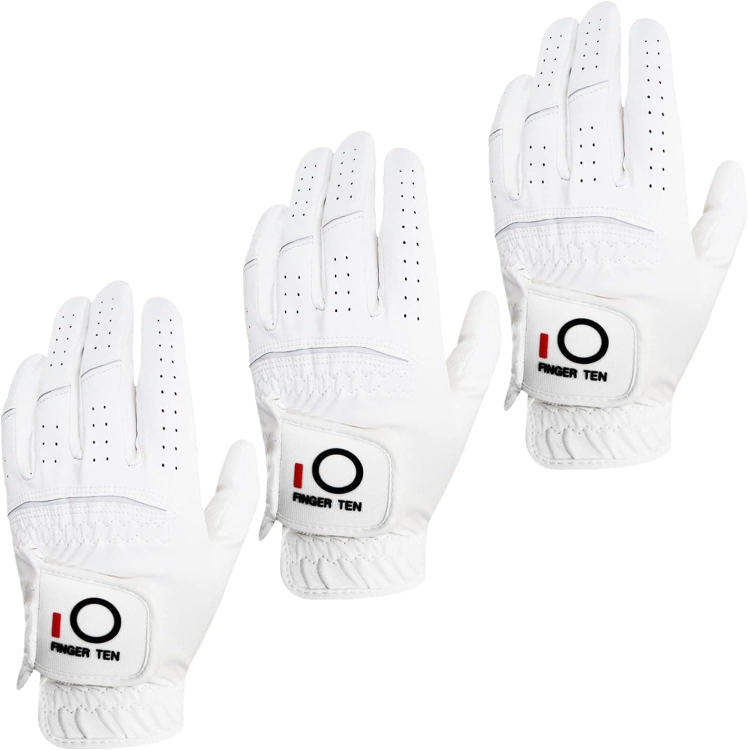 FINGER TEN Men Golf Gloves Rain Grip Left Hand 3 Pack, All Weather Hot Wet No Sweat, Fit Small Medium Large XL (White, Medium/Large)