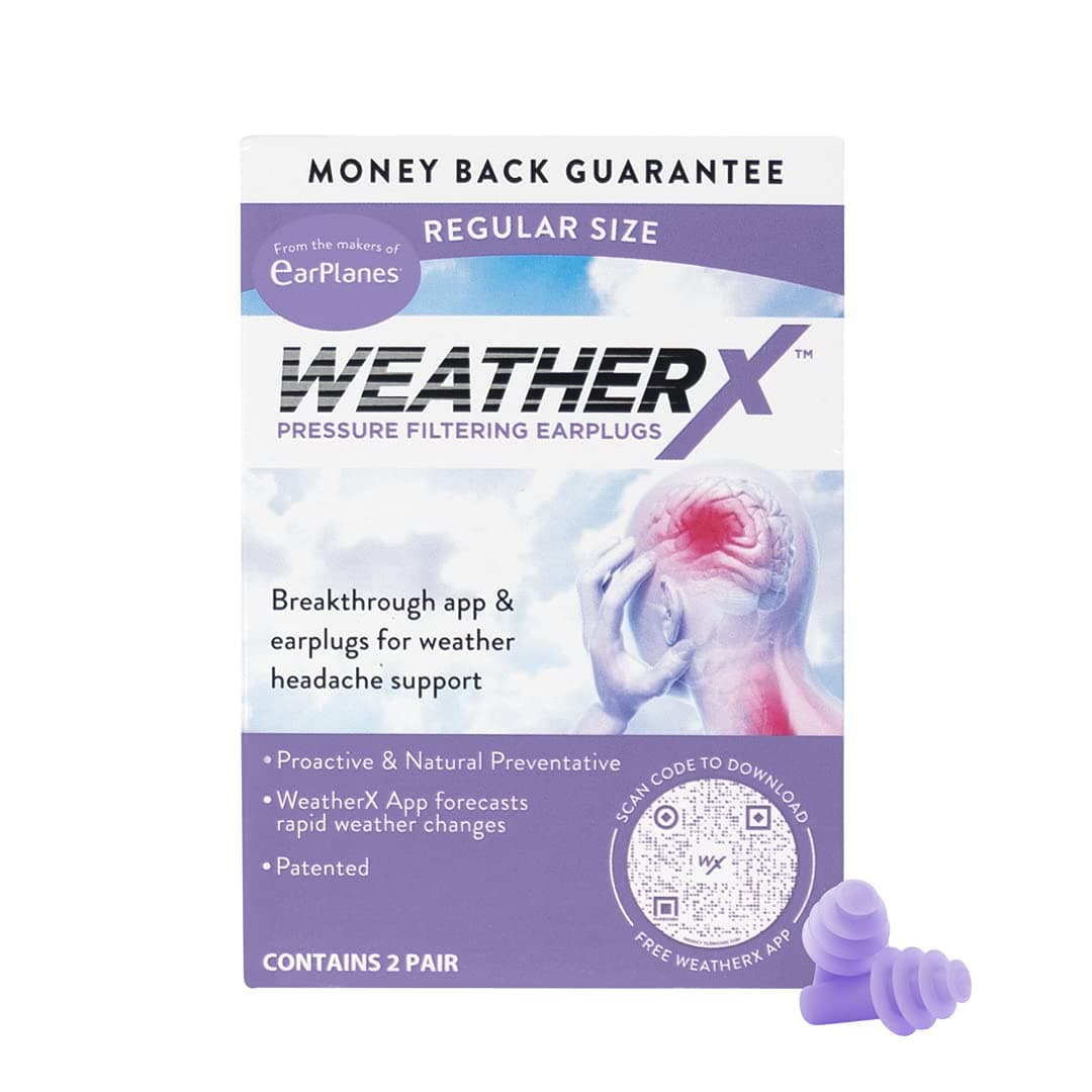 WeatherX Ear Plugs for Weather related Migraines Headache Mobile App to notify barometric pressure changes leading to migraine, drug & Latex free, with Carry Case, MigraineX Migrainex