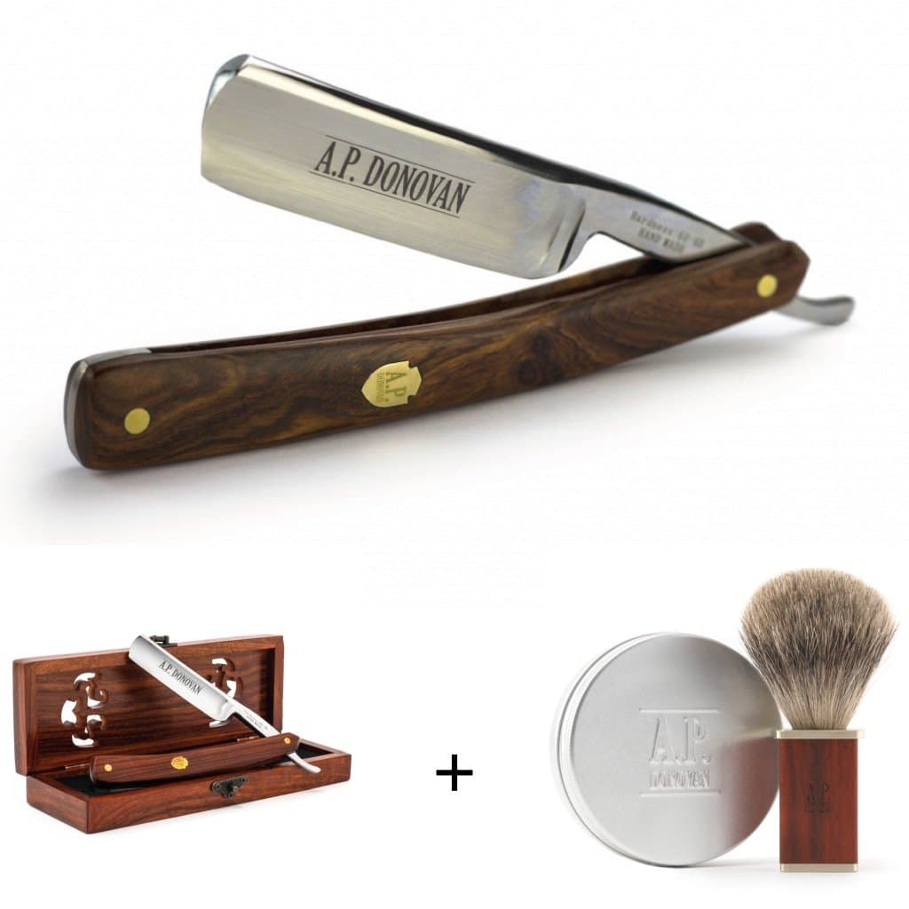 A.P. Donovan - Rasiermesser Set | Geschenkset | kombinierbar | Bartpflege Set - High Quality Mahogany Razor, Mahagoni Pinsel & Seife