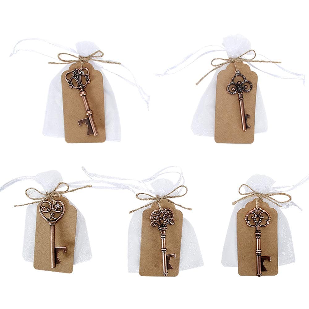 GoMaihe Bottle Opener Keyring Set of 50, Vintage Wedding Favours for Guests Beer Bottle Opener with Brown Paper Tags, Souvenir Gift Rustic Party Banquet Decorations Bar Supplies, Antique Bronze