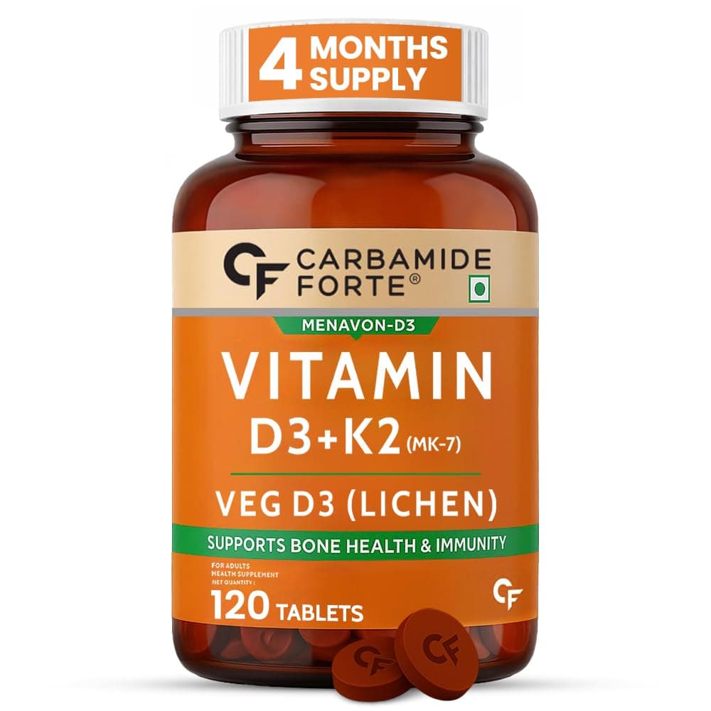 Carbamide Forte Vitamin D3 K2 Supplement | Vitamin K2 MK7 To Support Bone & Heart Health | Veg D3 - Lichen - 120 Tablets
