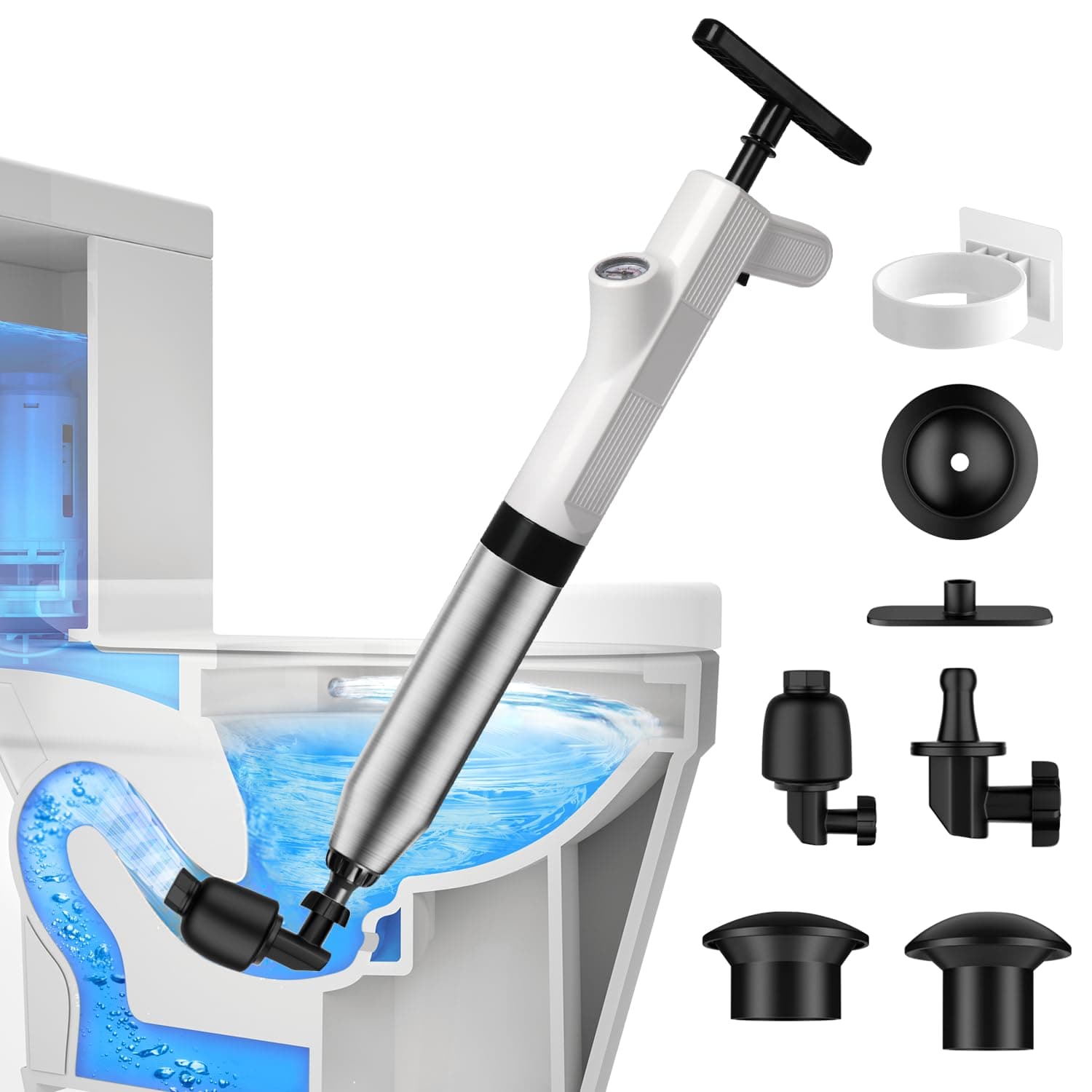 TheElves Toilet Plunger Heavy Duty Pro, Electric High Pressure Toilet Clog Remover Tool, Powerful Bathroom Plunger with Holder for Drain Cleaning - White