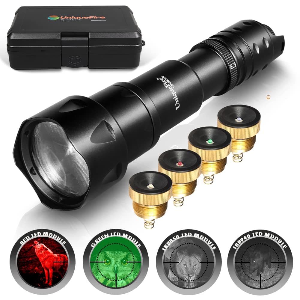 UniqueFire Vcsel 850nm / 940nm IR Illuminator Flashlight for Night Vision Scope,44mm Fresnel Lens Red/Green Hunting Illuminator Flashlight Light,Total 4 Pills/Charging Kit/Brackets