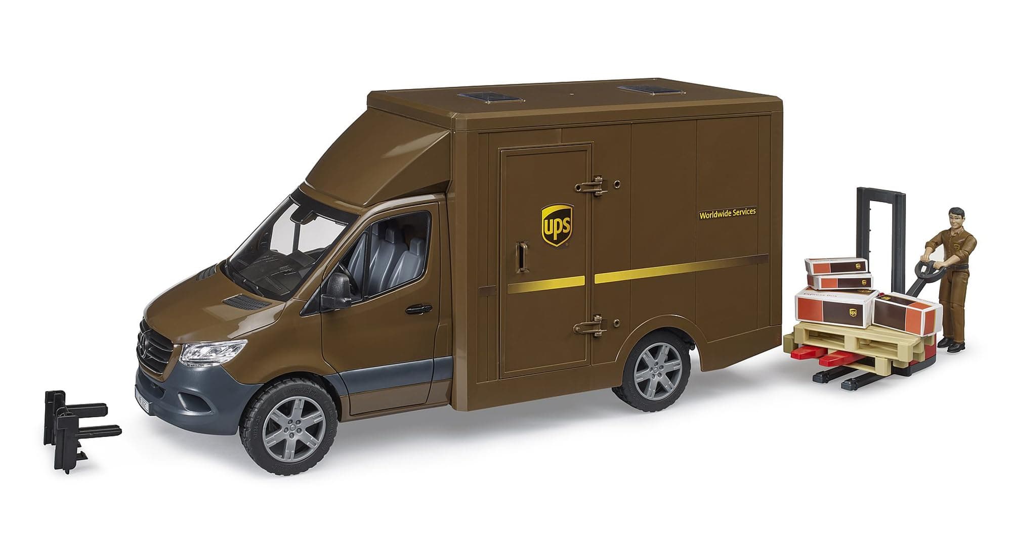 Mercedes-Benz Sprinter UPS with Driver Hand Pallet Truck & Shipping Boxes - Shipping Logistics Transporter Parcel Service Van Truck 1:16, ages 4+