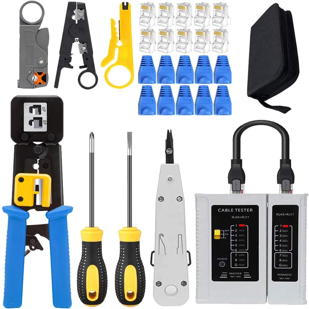 LETB Network Tool Kit Set, Cable Tester Repair Tools Wire Stripping Cutter, Coax Crimper Plug Crimping, Punch Down RJ11 RJ45 Cat5 Cat6 Wire Data Detector Stripper, (A)