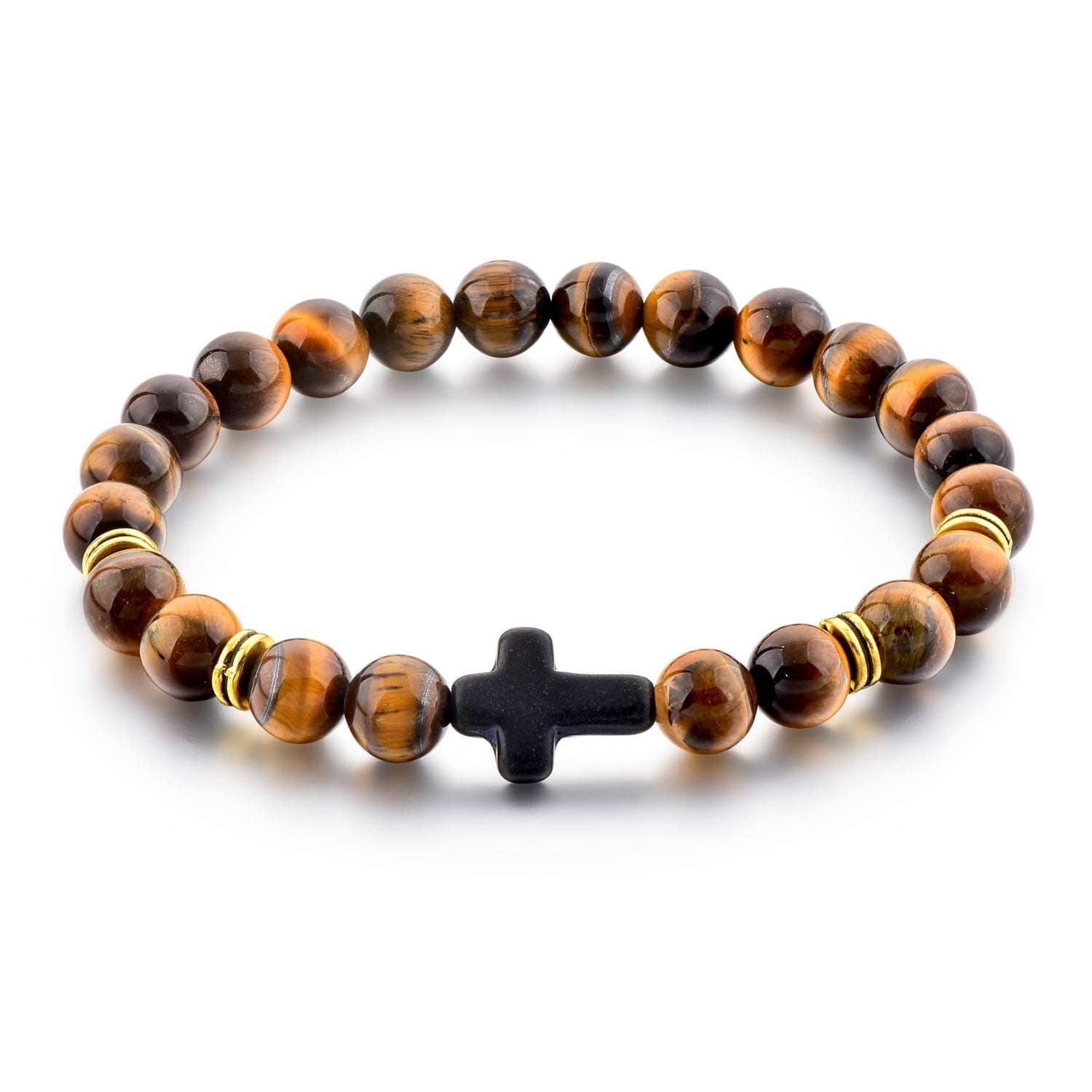 Christian Prayer Bracelet: Elastic Tiger Eye 22-Bead or 33-Bead Pocket Rope Wooden Cross