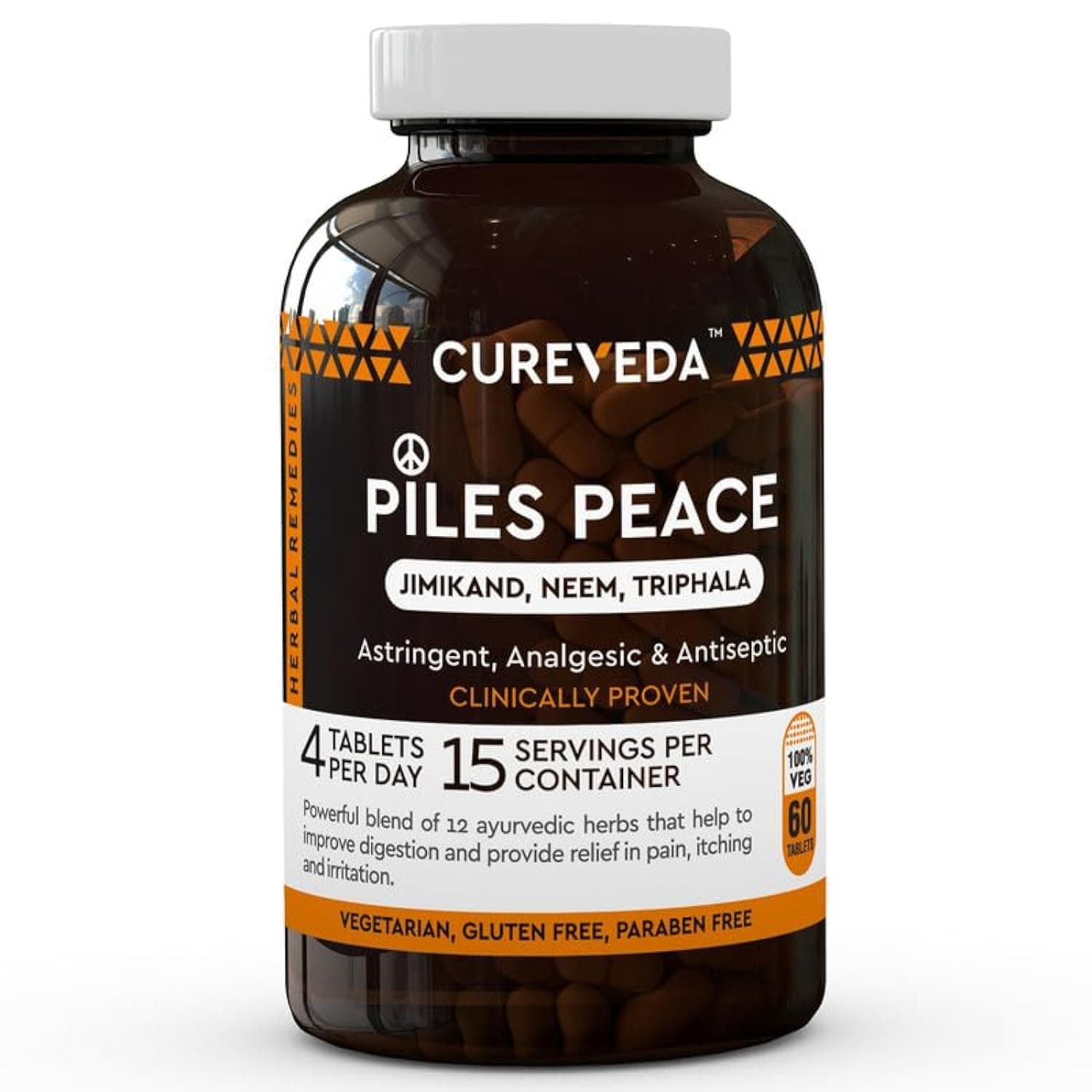 Cureveda Piles Peace Herbal Tablets | Improve Digestion and Relief from Constipation, Pain & Swelling | Helps to Reduce Itching, Inflammation & Swelling for Men, Women (60 Tablets)