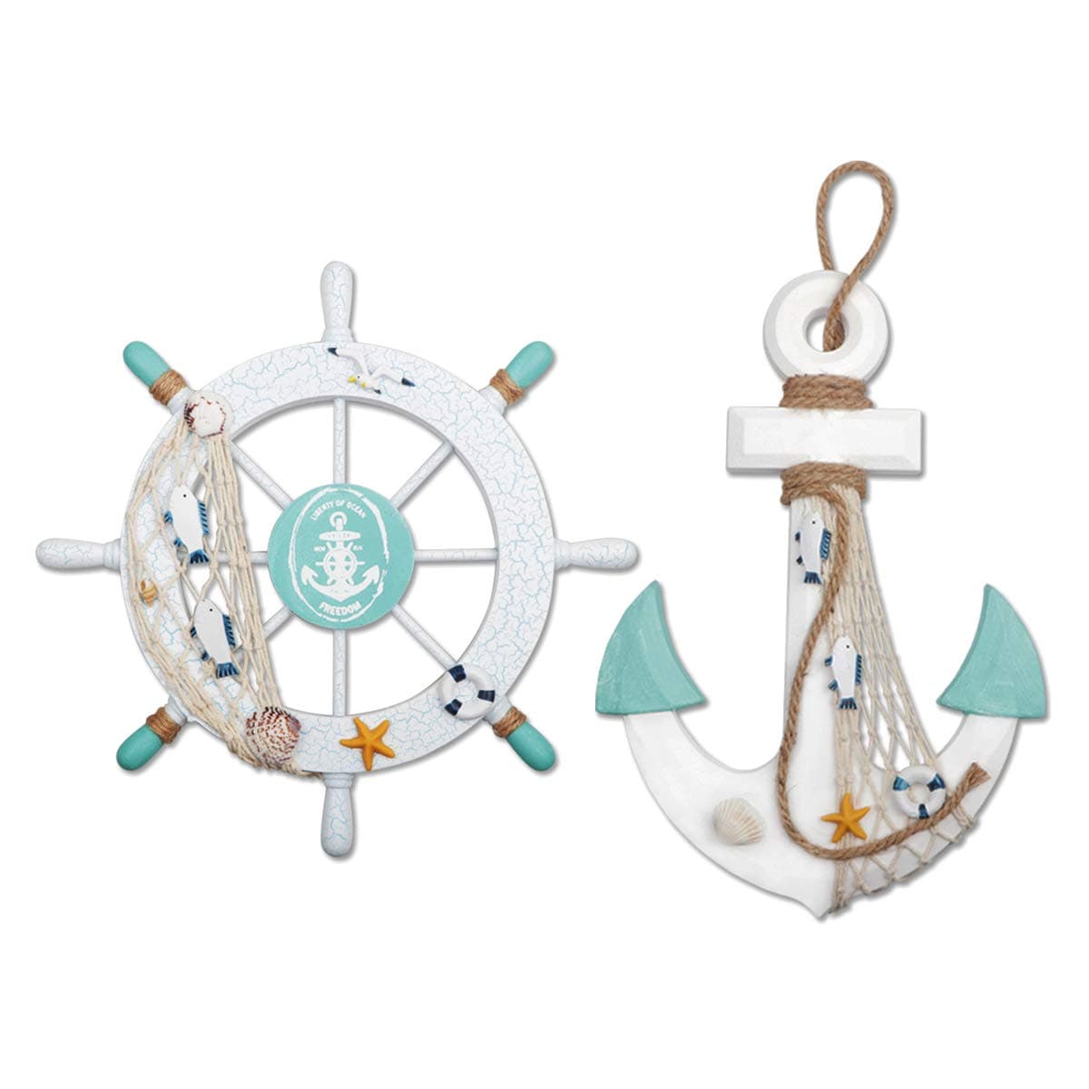 2 Pack 11" Nautical Beach Wooden Ship Wheel and 13" Wood Anchor with Rope Nautical Boat Steering Rudder Wall Decor Door Hanging Ornament Beach Theme Home Decoration(White&Green)
