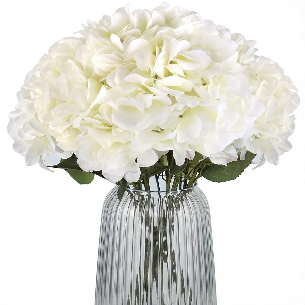 2Bouquets Artificial Fake Flowers Plants Silk Hydrangea Arrangements Wedding Bouquets Decorations Plastic Floral Home Kitchen Garden Party Festival Bar DIY(White,5 Flower Heads)