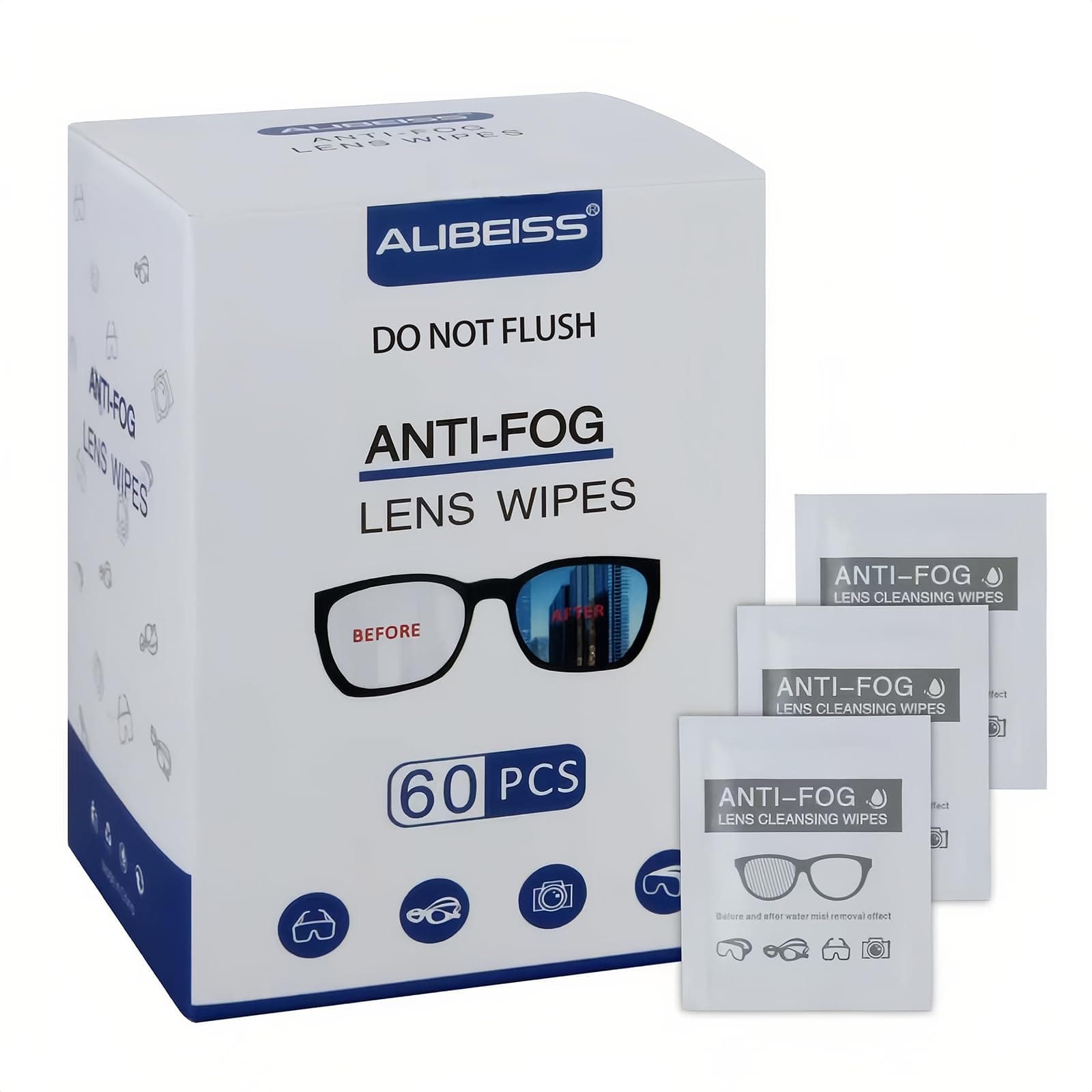 Anti-Fog Lens Wipes Pre-Moistened Anti-Fog Wipes, 6inch X 5inch,for Eye Glasses (60 Pack)