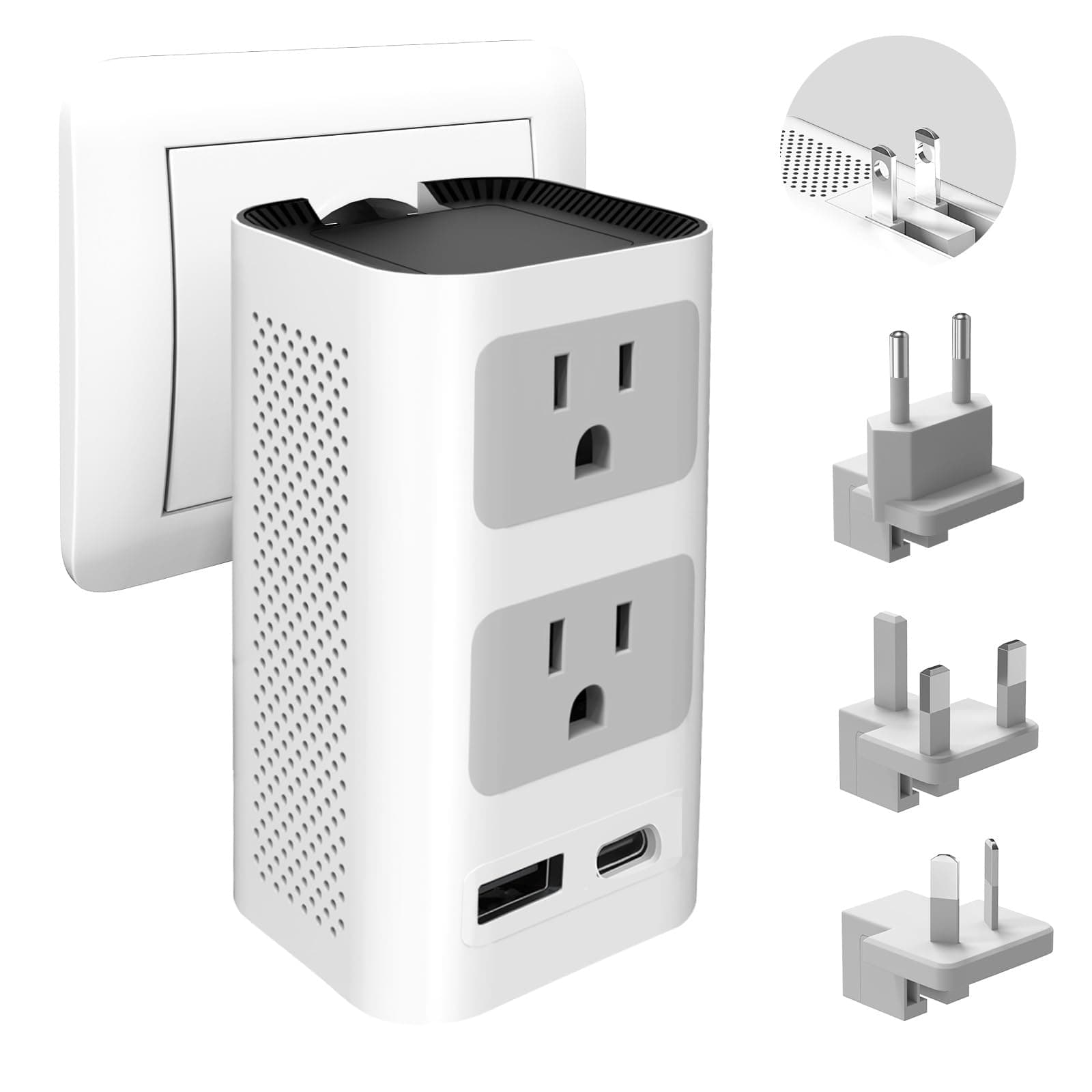 Universal Travel Adapter 220V to 110V Voltage Converter US to Europe, Inernational Power Plug Adapter with 1 USB Port 1 USB C for EU/UK/AU/US Worldwide, Grey