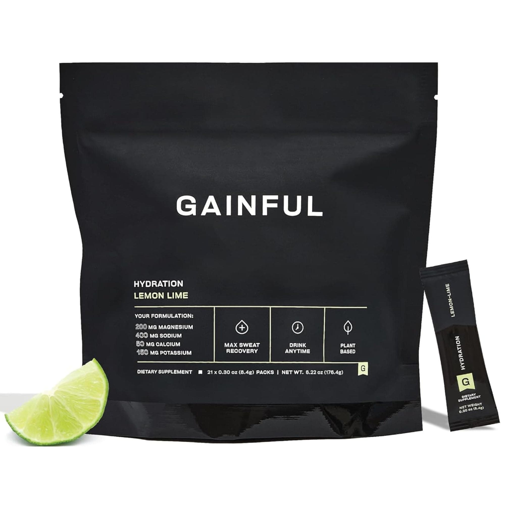 Gainful Hydration Powder Packets, Caffeine Free with Key Electrolytes Magnesium and Sodium, Energy Support, Low Sugar, Lemon Lime, 21 Sticks