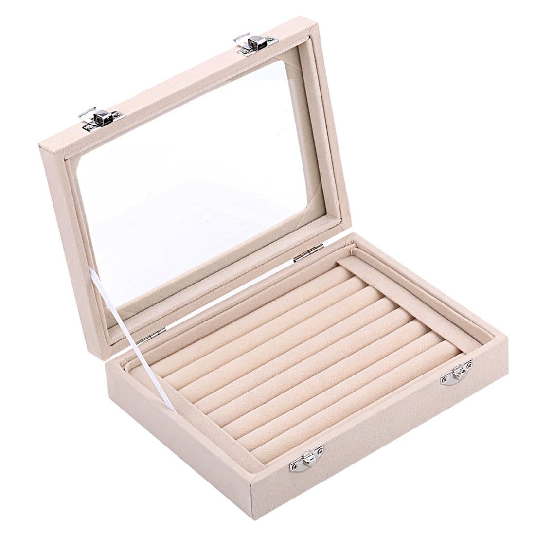 Velvet Glass Ring Jewelery Display Storage Box Tray Case Holder Earring Organizer Stand (Beige)