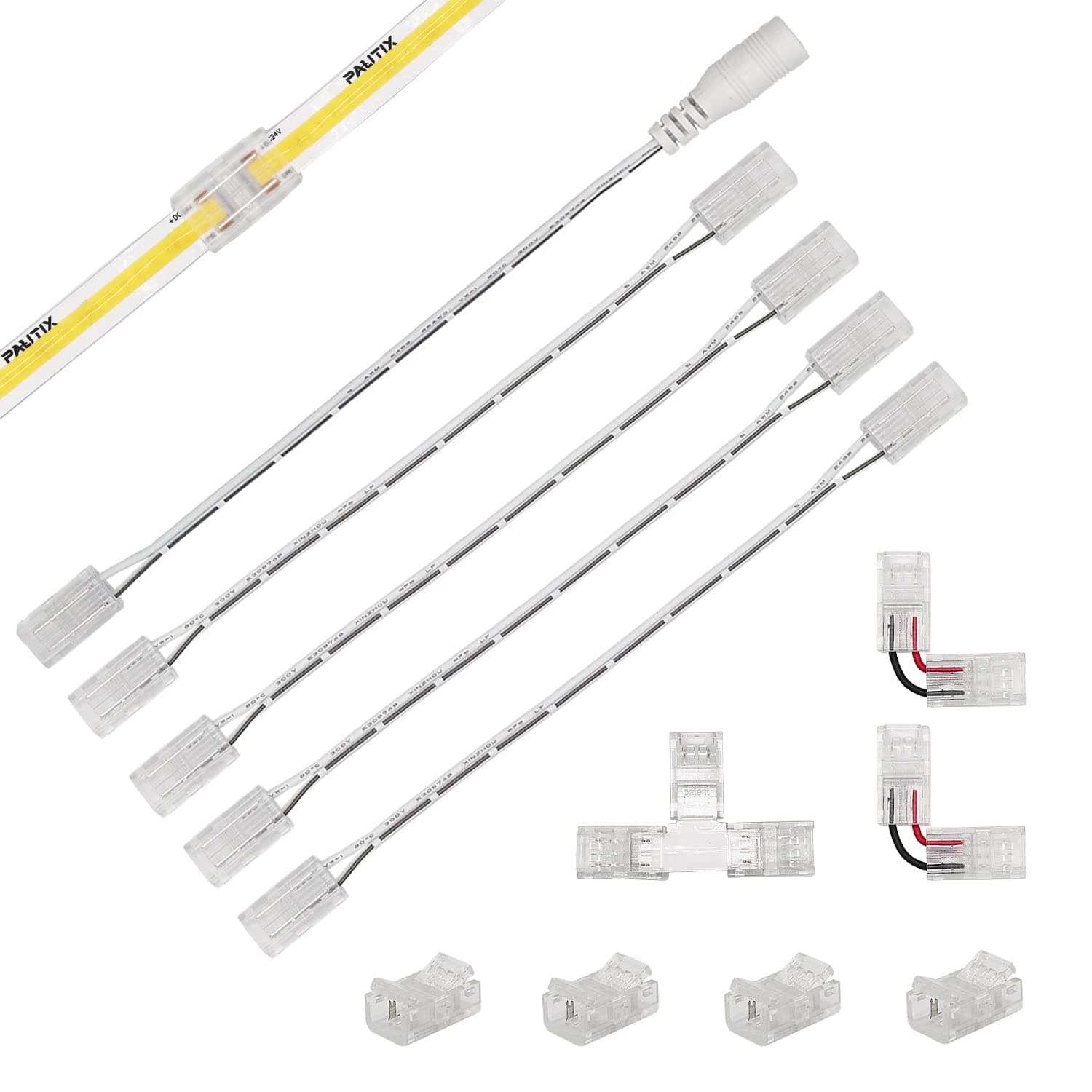 8mm Connectors for 2-Pin COB LED Strip Lights, 4 Pcs Leafless Clear Connectors, 4pcs Double Ended and 1pc DC Single Female Plug 8.9 Inch Extension Wire, 2pcs L Shape Connectors, 1pc T-Shaped Connector