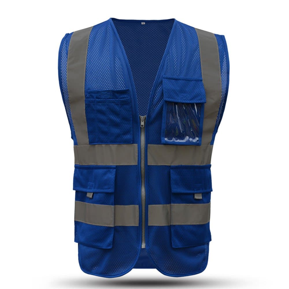 Blue safety vest reflective with pockets and zipper|High Visibility Reflective Stripes|Multi Pocket High visibility Mesh Vest for men and women (2XL, Blue)