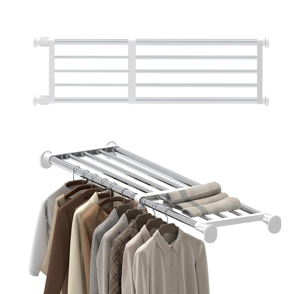 Hershii Tension Shelf Expandable Rod Closet System Heavy Duty Clothes Hanger Adjustable DIY Storage Organizer Shoe Rack 84-117.5cm, Width: 25cm
