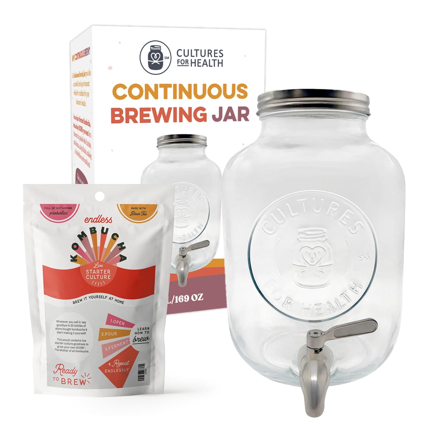 Cultures for Health Continuous Brew Jar & ENDLESS Live SCOBY Bundle | DIY Fermented Tea | Probiotic Drink | 5 Liter Glass Jar for SCOBY Hotel